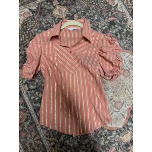 Y2K Office Siren Coral Pink Gold Metallic Striped Blouse Top IT 38 US 2